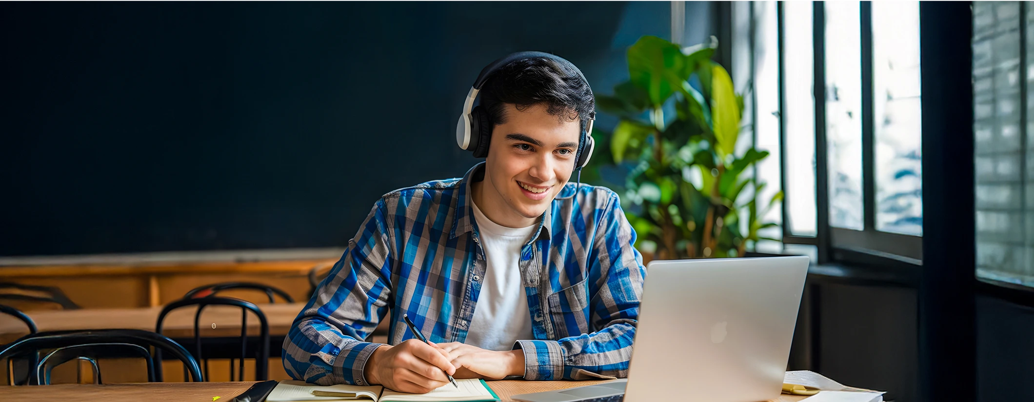 male student with headphones working on laptop